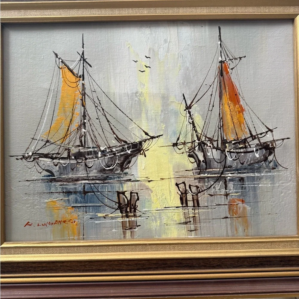 Vintage MCM signed framed Renato Longanesi boat painting - Picture 3 of 10